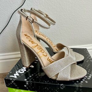 NWT new in box Sam Edelman Yancy block heel ankle strap in gold jute Women’s 8.5